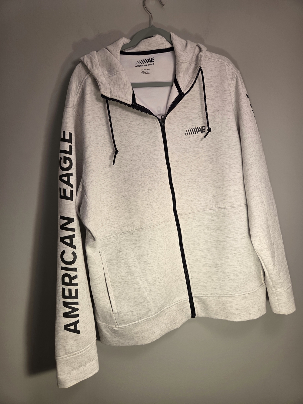 American Eagle Outfitters Light Heather Gray Zip Hoodie with Black Accents